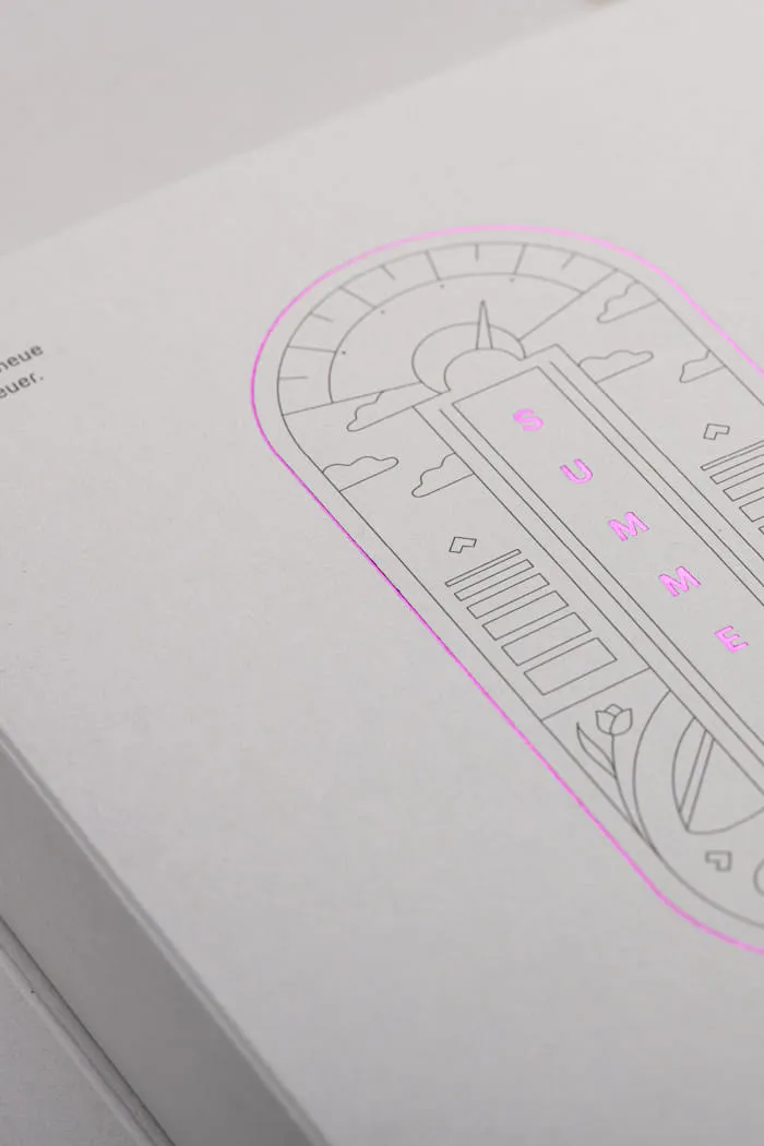 Direct Mailing in einem hellen Design mit lila-spiegelnder Schrift auf der Vorderseite. Die Box enthält neben der Schrift auch Illustrationen als grafische Elemente.