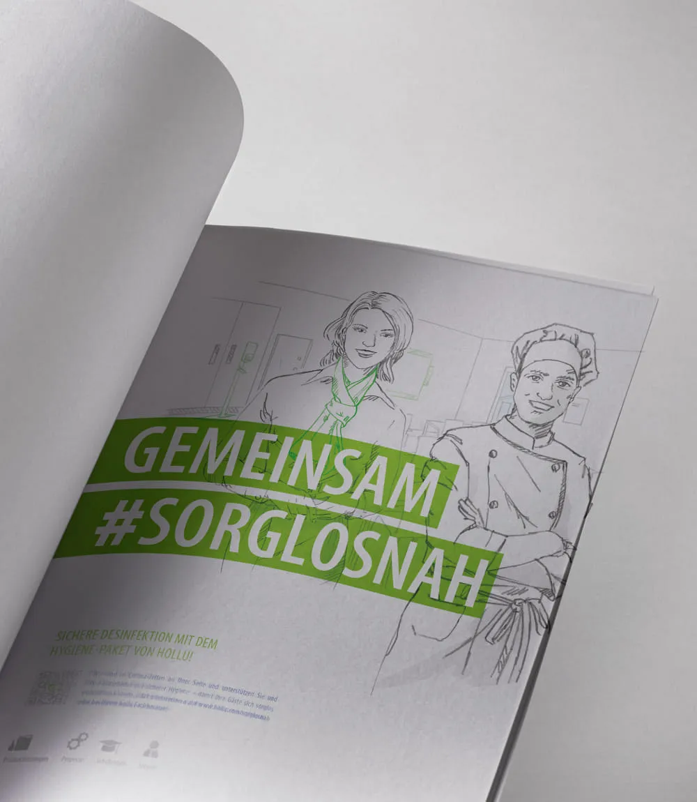 Magazinseite mit Illustration von Servicekraft und Koch, darüber der Claim Gemeinsam #Sorglosnah.