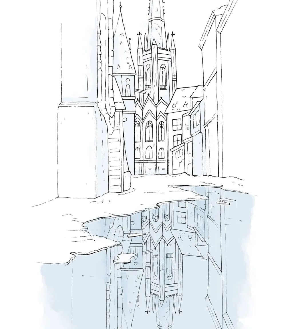 Eine feine Linienzeichnung einer historischen Stadtansicht mit gotischer Kirche im Zentrum. Die Szene spiegelt sich detailreich in einer großen Wasserpfütze im Vordergrund. 